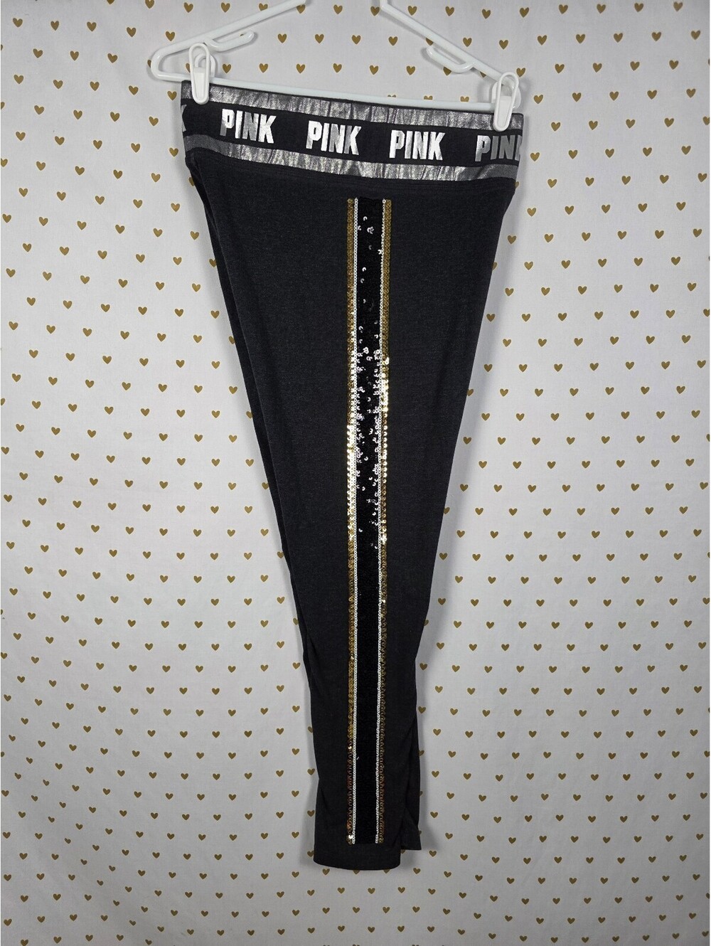 Victorias Secret PINK BLING Yoga Pants Stripe SEQUIN Black Gold LARGE
